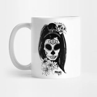 Princess catrina in black and white with flowers and text with a gloomy effect. Gloomy skulls. Mug